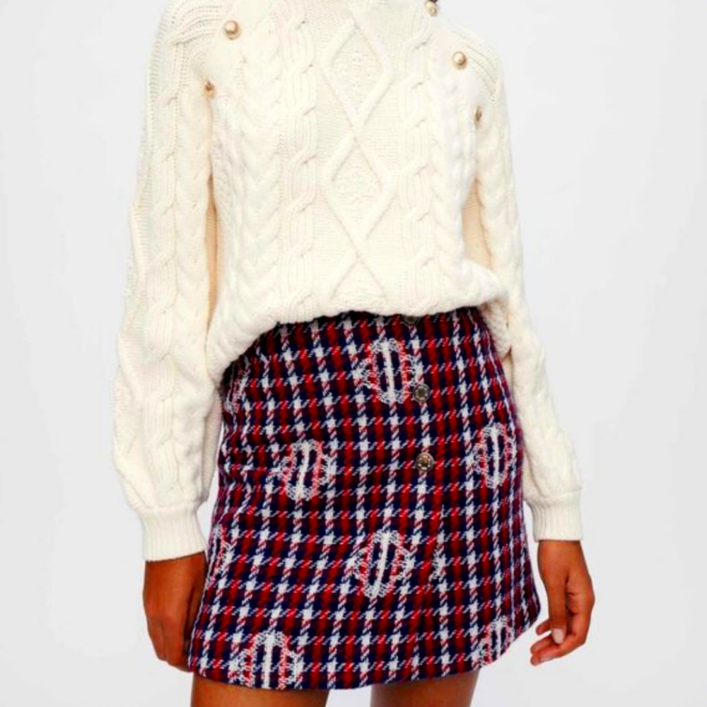BNWT MAJE Checked Clover Jacquard Skirt Navy/Red